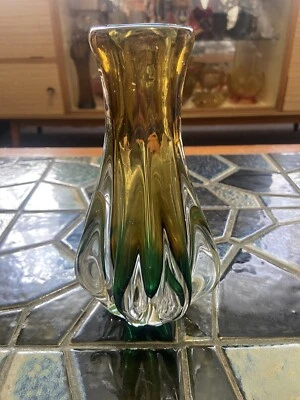 Vintage Sommerso Murano Glass Vase Green & Yellow Ribbed Vase Collectable Statue - image 1 of 4
