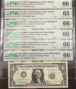 SIX $1 FRN 1963A-1969-1969B-1976(3) Matching Low Serial Numbers 00006673 PMG - Picture 1 of 8