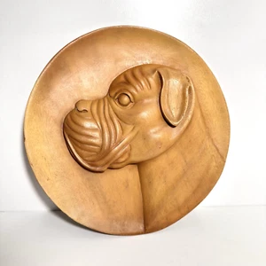 Vintage Hand Carved Wooden Boxer Dog Wall Plaque 25cm Round Mid Century Rustic - Imagen 1 de 19