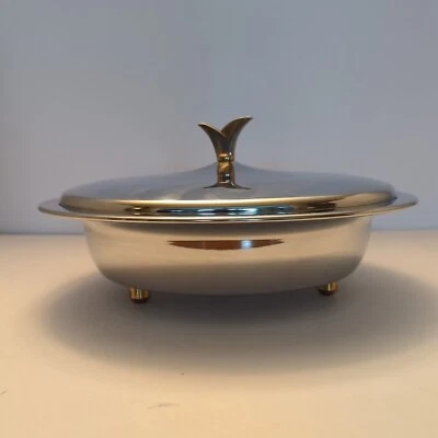 Plato de servir vintage MCM Kromex con patas con tapa latón cromado mediados de siglo años 60 Foto 1 de 4