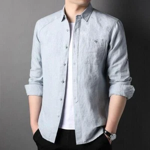 Mens Button Down Pocket Shirts Casual Work Tops Linen Blend Shirt Long Sleeve S - Picture 1 of 19