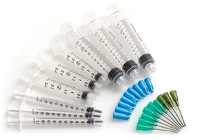 9er-Pack - 10 ml, 3 ml, 1 ml Spritzen mit 14Ga und 18Ga stumpfe Spitze Nadeln und Kappen - Bild 1 von 1