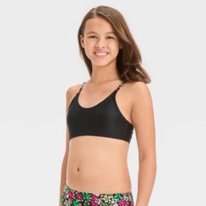Art & Class Small (6/7) Girl’s Bikini Swim Top Floral Flower Print Black - Picture 1 of 5