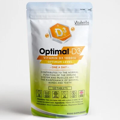 Optimal-D3 Vitamin D3 1000iu 120 Tabletten 4 Monatsvorrat - eine täglich - Vitaherbs