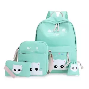 Cat Young Ladies Backpack Set Cat Print Bag Cute Bag 4-Piece Set Green One Size - Picture 1 of 6