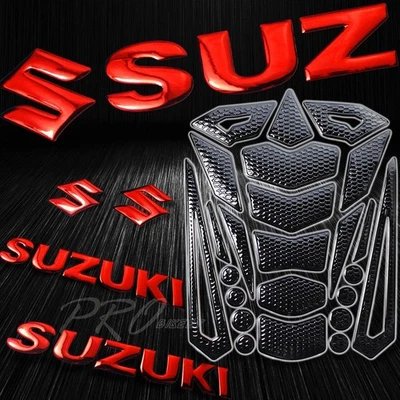 Almofada de tanque de combustível preta perfurada 24 peças + logotipo Suzuki vermelho 5,75" + adesivo emblema letra - Imagem 1 de 4