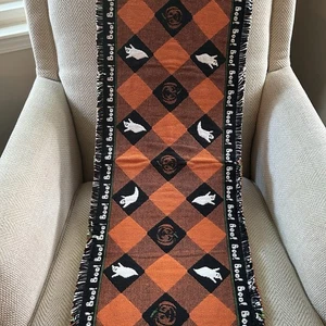 Halloween Läufer Karo Wandteppich Geister Boo Fransen Kürbisse 64x12 Tisch 1990er - Bild 1 von 6