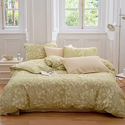  Juego de edredón ropa de cama boho juegos de edredón niñas California King verde floral Foto 1 de 4