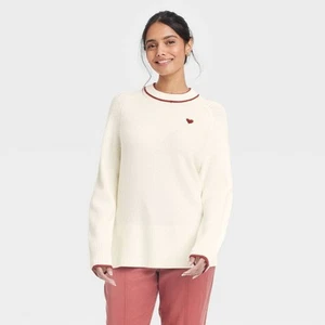 Women's Valentine's Crewneck Pullover Sweater - A New Day Cream Hearts S - Picture 1 of 3