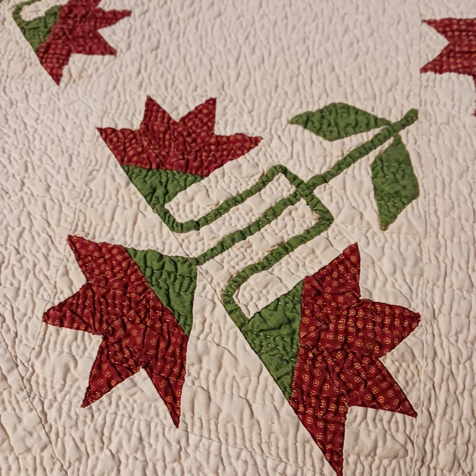 Vintage Quilted Appliqued Floral Tulip Quilt Hand Sewn 79" by 81", Carolina Lily - Image 1 of 4