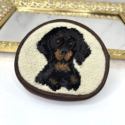 Needlepoint Dachshund Coin Purse Doxie Weiner Dog Bag Motif novelty Blue Black - Image 1 of 4