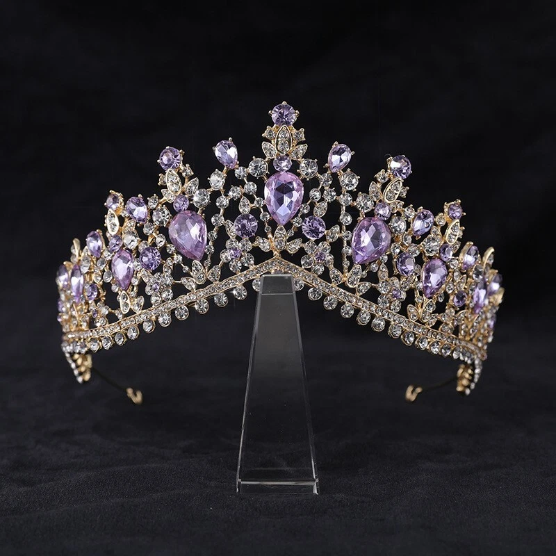 Gold Crown Vintage Headband, Purple Crystal Rhinestone Hair Jewelry - Image 1 of 4