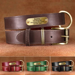 Genuine Leather Dog Collar Personalized Heavy Duty Pet Name ID Tag Engraved Free - Picture 1 of 28