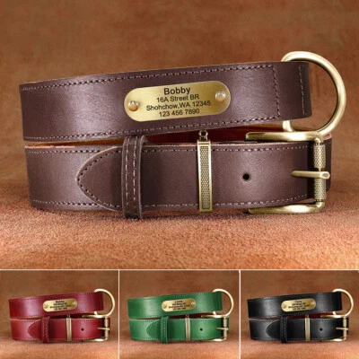 Genuine Leather Dog Collar Personalized Heavy Duty Pet Name ID Tag Engraved Free - Image 1 of 4