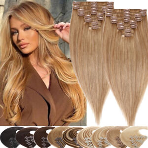 Straight 100% Human Hair Clip In Real Remy Hair Extensions Full Head 8"-24" LONG
