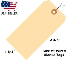 Size 1 Manila Inventory Shipping Hang Tags with Wire 2 3/4" x 1 3/8" Wired Tags - Picture 1 of 12