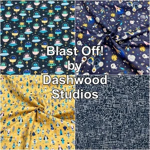 Tela de estudio Dashwood EXPLOST OFF planetas alienígenas espaciales NASA naves de algodón mosaico - Imagen 1 de 16