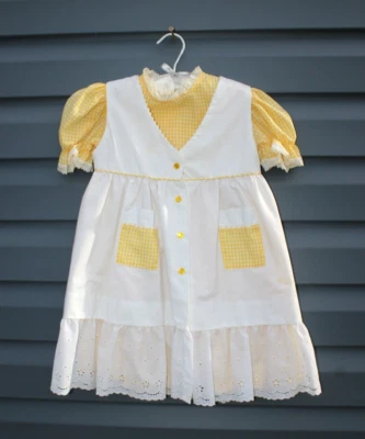 Vintage Peaches & Cream Girls Dress Size 3/4?? Pinafore Yellow White Checked - Image 1 of 4