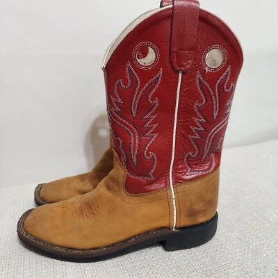 Old West Kids Unisex Brn/Red Leather Western Boot SquareToe Sz 2.5 StyleBSC1883 - Image 1 of 4