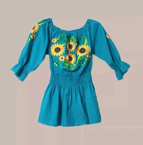 Blusa top para mujer mexicana bordada girasol mangas L 3/4 verde azulado  - Imagen 1 de 6