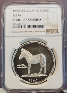 1980 EQUATORIAL GUINEA SILVER 2000 EKUELE ZEBRA NGC PF 68 ULTRA CAMEO RARE - Picture 1 of 3