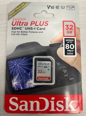 SanDisk Ultra Plus SDHC UHS-I Card, 32GB Memory Card - NEW In Retail Package - Image 1 of 2
