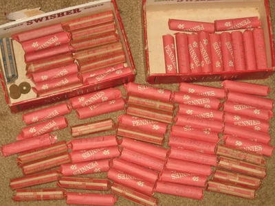 $35 Box Wheat Cents 70 rolls 3500 Coins 1909-1958 PDS Grandma penny hoard Bonus - Image 1 of 3