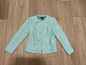Talbots Turquoise Blue Tweed Jacket Blazer 6 Snap Front Collarless Flap Pockets - Picture 1 of 6