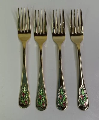 EUC Holly Berry Gold Stainless Flatware 4 Dinner Forks Replacement Holiday JAPAN - Image 1 of 4