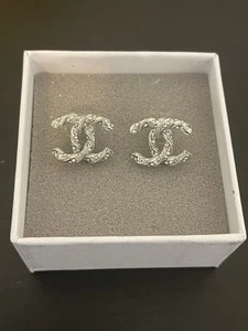 CHANEL Authentic Twisted Crystal Classic CC Logo Earrings Silver Tone with Box - Picture 1 of 21