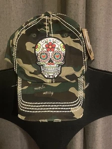 New KBETHOS Distressed Baseball Hat/Cap Camo & Sugar Skull NWT - Picture 1 of 11