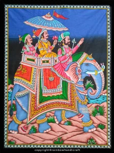 Mughal King elephant Wall Hanging Miniature Indian Tapestry Decor Folk Painting - Picture 1 of 4