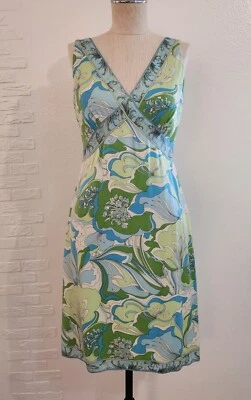Elie Tahari Jersey Knit Silk Blue Green Floral Sleeveless Dress  - Image 1 of 4