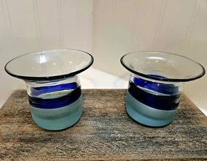 Cobalt Blue Band Art Glass With Frosted Bottom Candle Votive Tea Light Holder - Picture 1 of 11