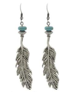 Silver BOHO Bohemian Turquoise Bead Feather Hippy Hippie Native Chic Earrings 