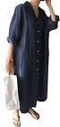 Gguhhu Womens Chic Button Down Rolled-Up Sleeve Long Cotton Blouse Maxi Dress