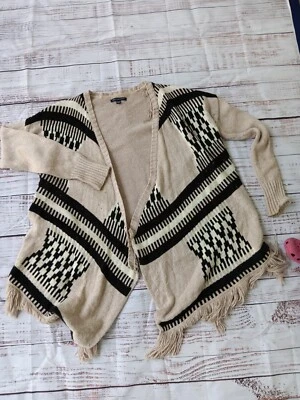 American Eagle Poncho Cardigan Womens M Beige Open Front Long Fringe Wrap  - Image 1 of 4