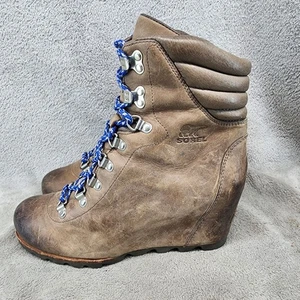 Sorel Zapatos Mujer Talla 10 Conquest Cuero Marrón Botas de Cuña con Cordones - Imagen 1 de 14