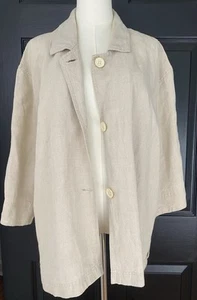 J. Jill Large Beige Linen Jacket Buttons 3/4 Sleeve Relaxed Fit Lagenlook Lagom - Picture 1 of 9