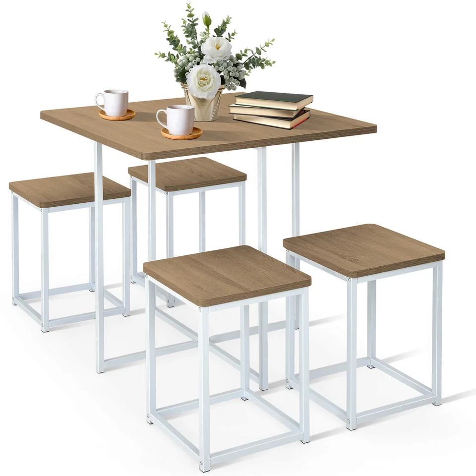 Costway 5pcs Dining Set Compact Dining Table and 4 Stools Metal Frame Nature