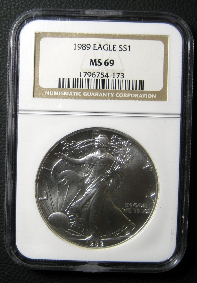 1989 SILVER EAGLE. NGC CERTIFIED MS69. NGC PG $100 - Image 1 of 1