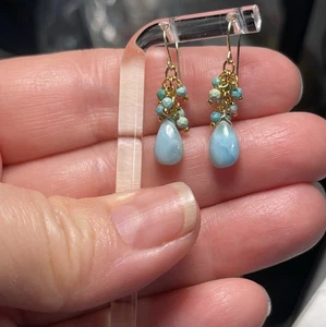 14k Larimar Earrings – Natural Briolette – Handmade Dangle - Picture 1 of 11