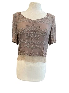 Vintage Kay Unger Evening Beaded Silk Cropped Top With Fringe Hem Mauve Short Sl - Picture 1 of 9