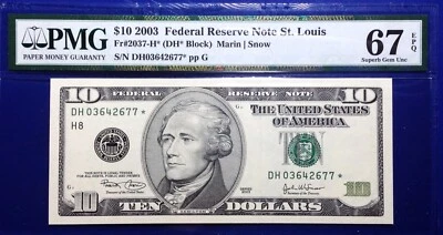 2003 $10 Federal Reserve Note Fr-2037-H* St. Louis PMG67 Superb Gem EPQ - Image 1 of 2
