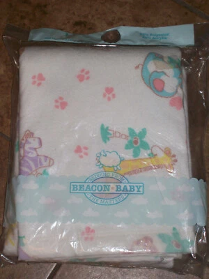 NEW Vintage Beacon Baby Blanket USA 36X45 Pastel Zoo Animals Pink Paw Print NIP - Image 1 of 4