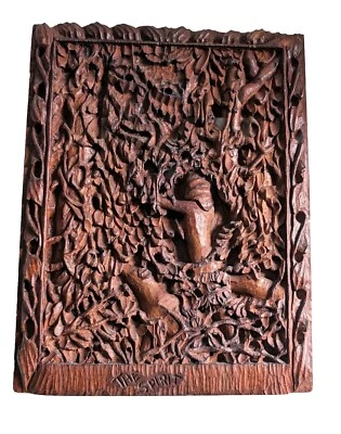 Antiguo panel de madera tallado "The Spirit" niña y espíritu en madera firmado ~ AAFA Foto 1 de 4