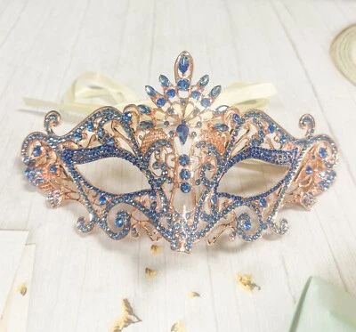 Masquerade Ball Party Gold Mask, Venetian Blue Eye Masks, Mardi Gras Parade Mask - Image 1 of 4