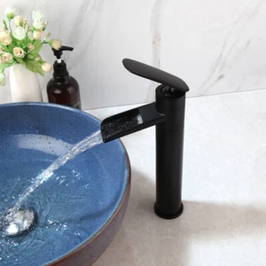 Grifo de lavabo de baño de 11,6" de un solo orificio mezclador grifo de cascada negro montaje en cubierta - Imagen 1 de 11