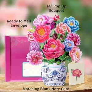 Pop Up Flower Card, 3D Paper Flowers Bouquet – 14" Peony, Birthday, Mother’s Day - Picture 1 of 3
