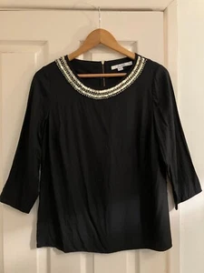Women's BODEN Black Silk Style Embellished Metallic Gold Collar Blouse Top, 12 - Picture 1 of 10